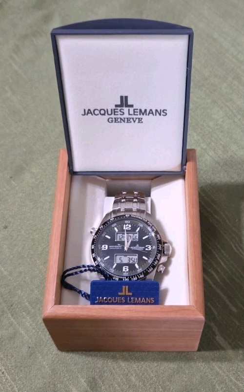 Mens Jacques Lemans 1241 Digital Analog Stainless Steel Watch 44mm New Battery