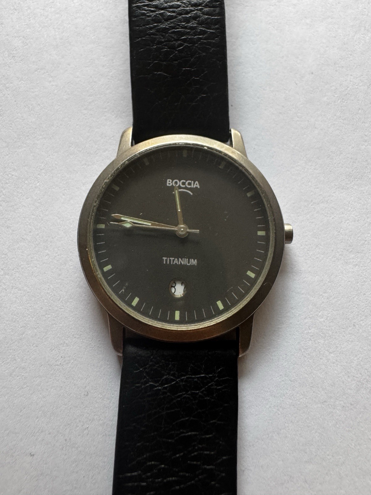 Boccia Titanium Wristwatch Black Leather Band Quartz Water-Resistant Analog Dial