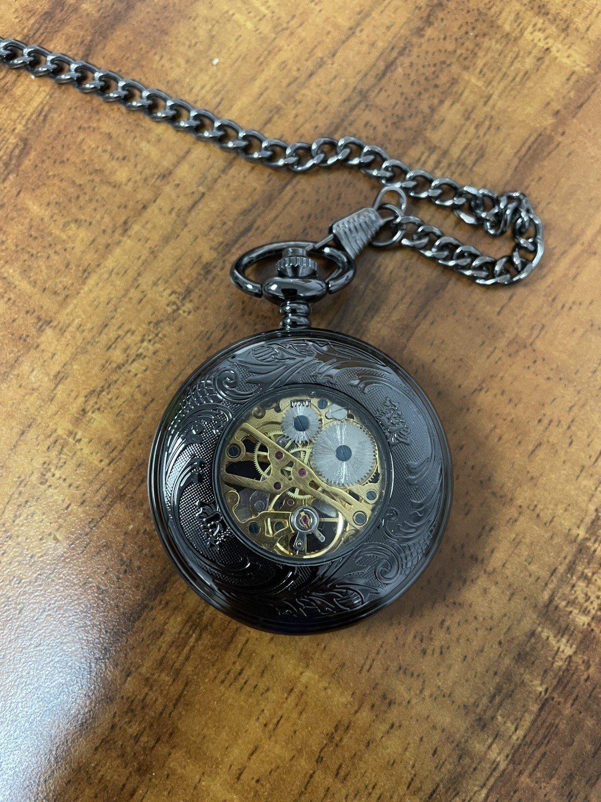 Classic Mens Pocket Watch Mechanical Black Steampunk Skeleton Luxury Retro Chain