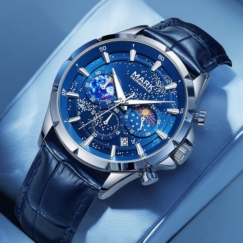 MARK FAIRWHALE Cosmic Stars Moon Phase Calendar Luminous Waterproof Quartz Watch