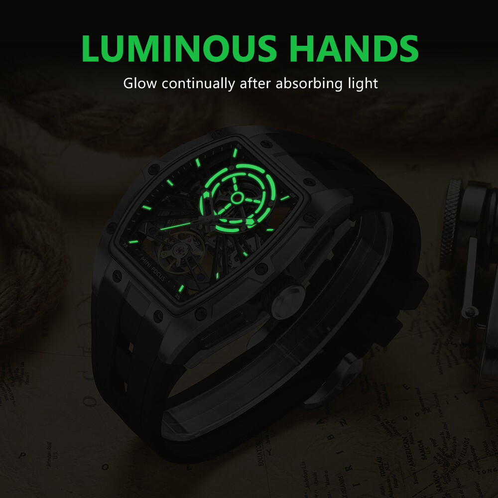 MINI FOCUS Men Mechanical Watch Automatic Hollow Out Male Rectangle Wristwatch
