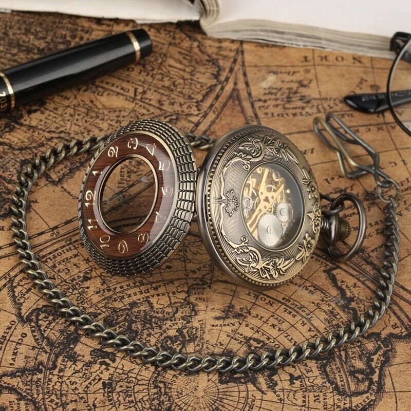 Bronze Men’s Hand-winding Mechanical Pocket Watch Pendant Chain Skeleton Dial
