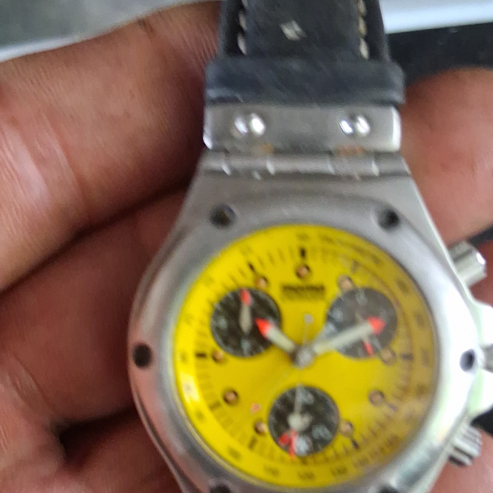 Momo Design Yellow Dial Chronograph Tachymeter Date Brown Leather Band 27 Jewel