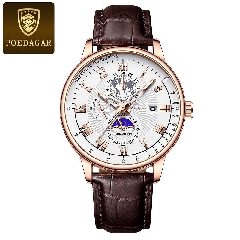 POEDAGAR Leather Luminous Men’s Quartz Watch Chronograph Waterproof Wristwatches