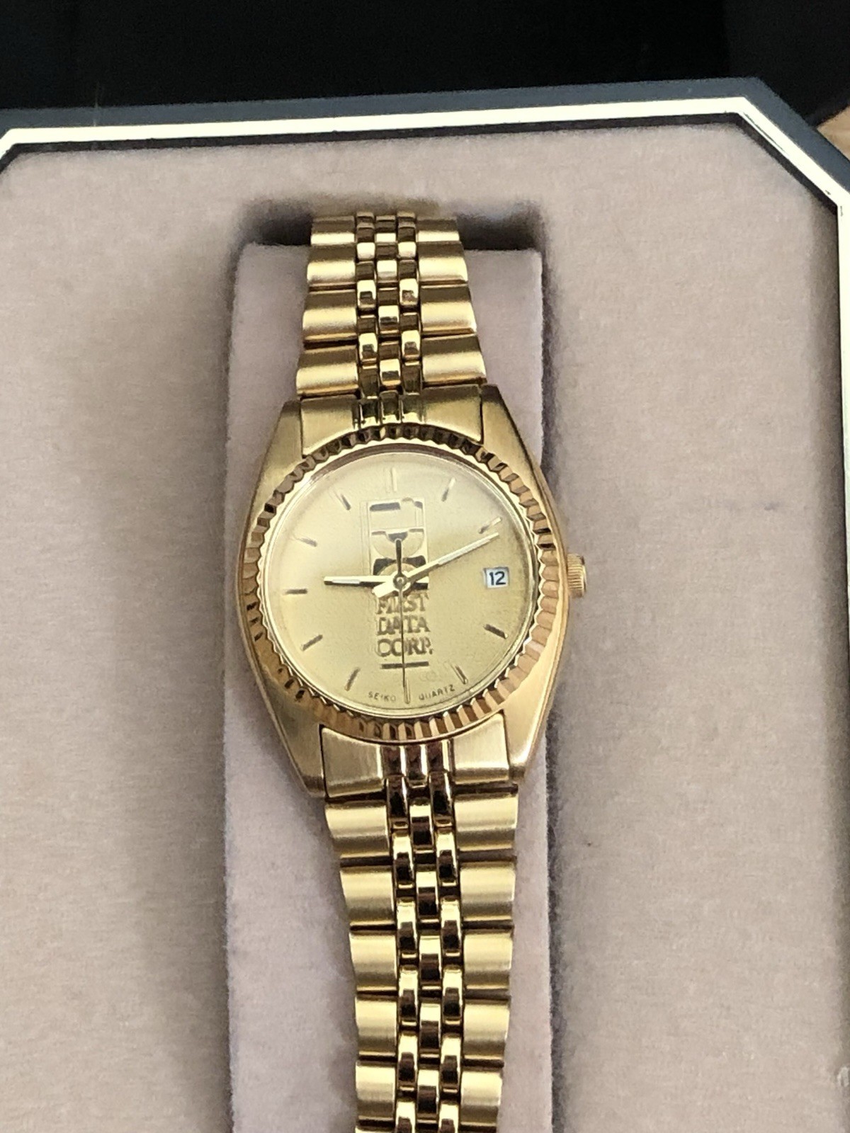 Gold Tone Seiko Bracelet Watch With Anniversary Logo Dial 7N83-0041