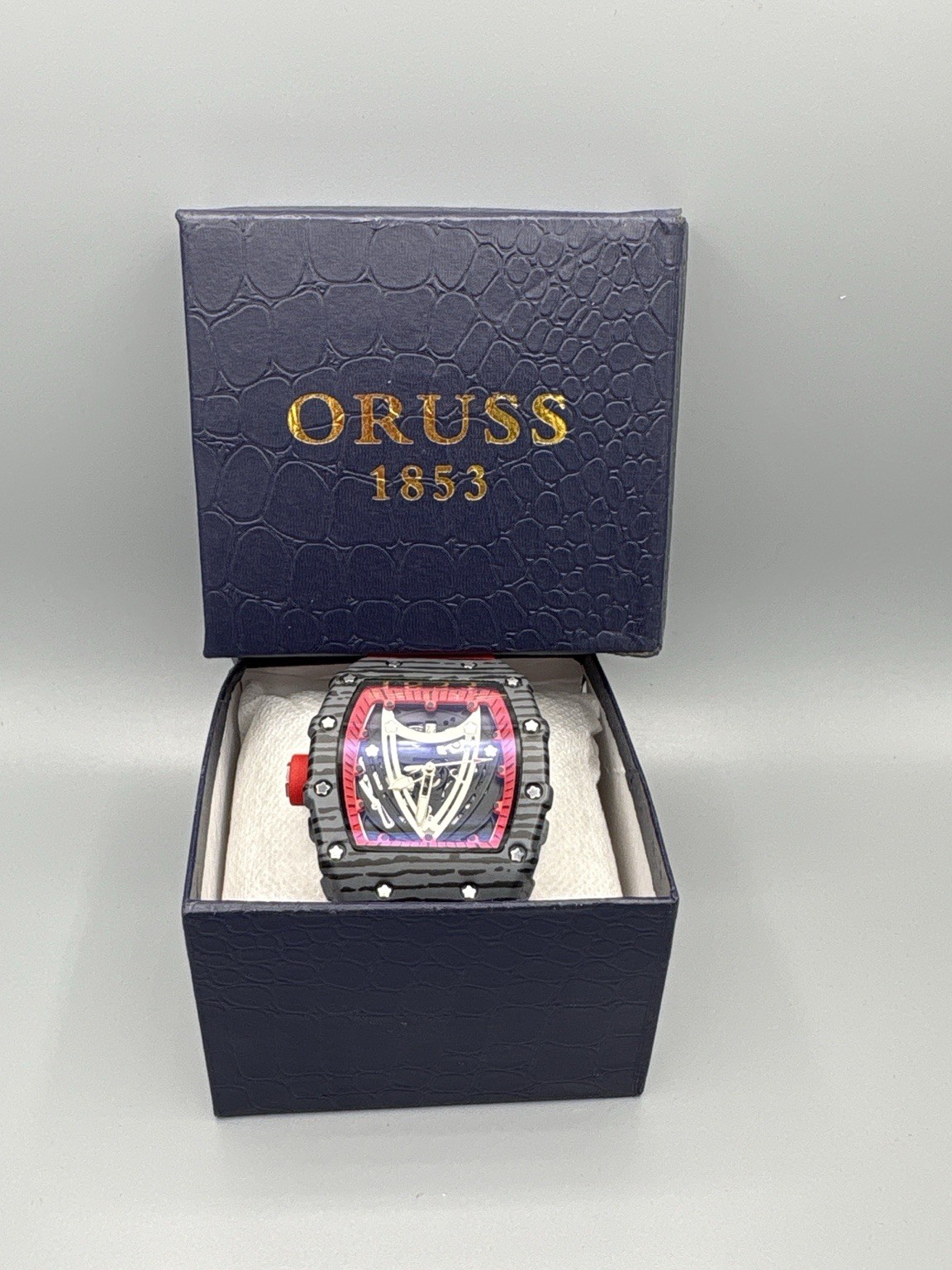 ORUSS 1853 Skeleton Style Red Black Watch Tonneau Silicone Strap New No Tag/box