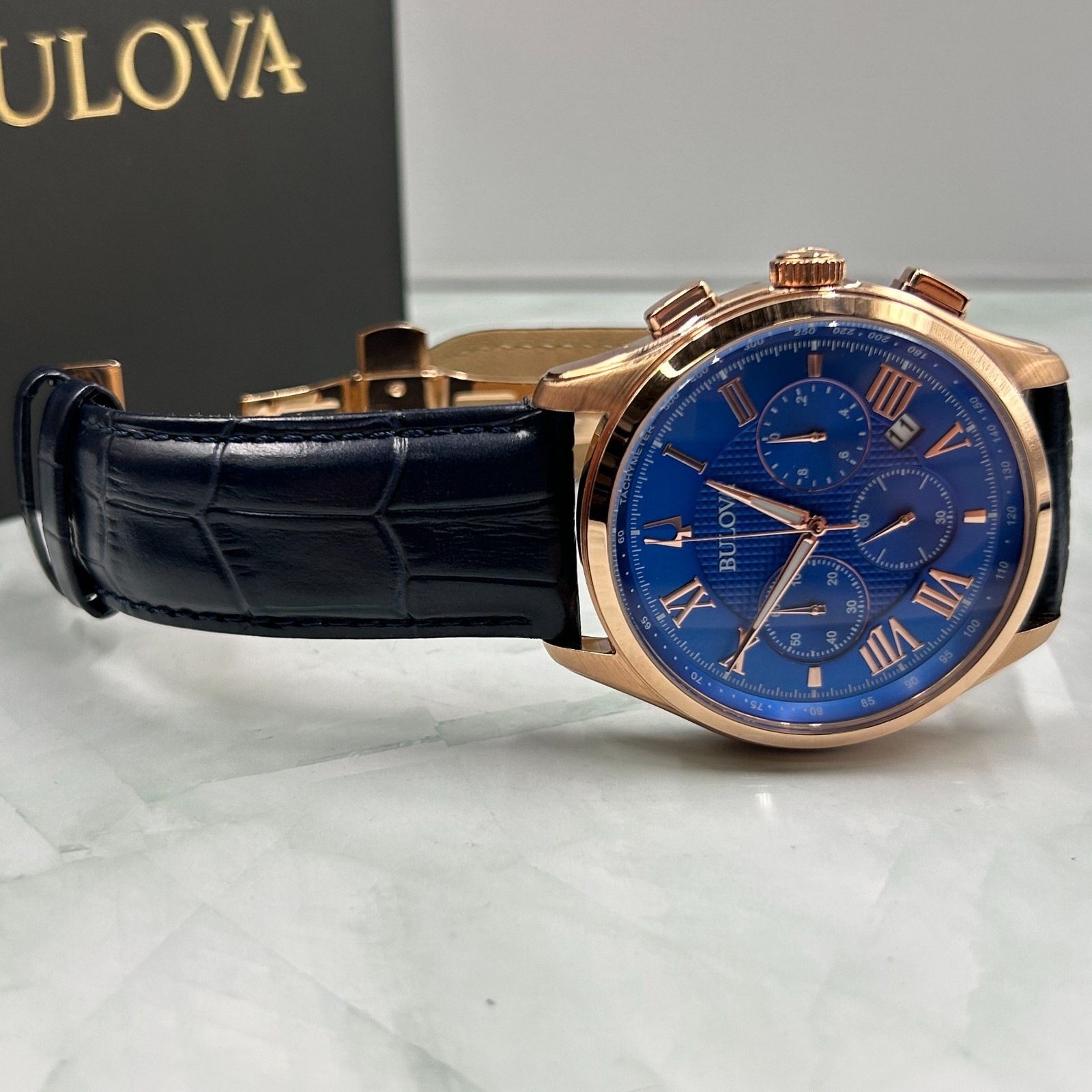 Bulova 97B170 Wilton Blue Classic Chronograph Men’s Quartz Leather Watch 46.5MM