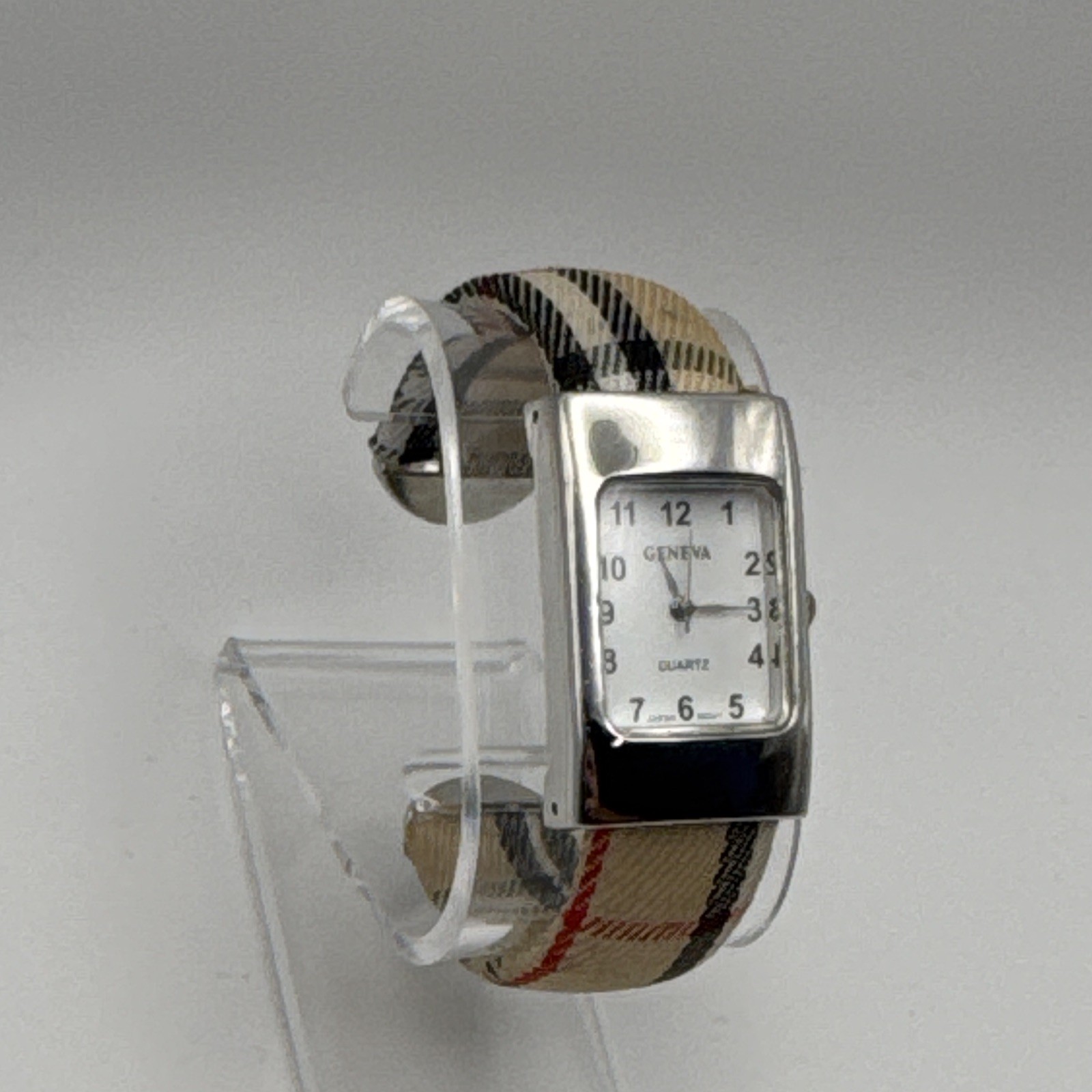 Geneva Women’s Quartz Rectangle Silver Tone Plaid Fabric Bangle Cuff Watch Works