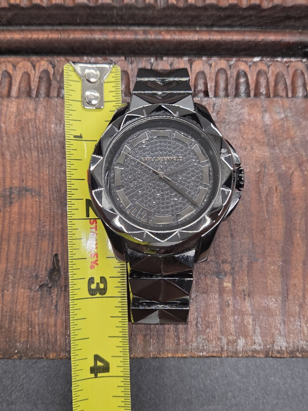 Rare Karl Lagerfeld Stainless Black Pyramid Stud Analog KL-1027 Watch AS IS