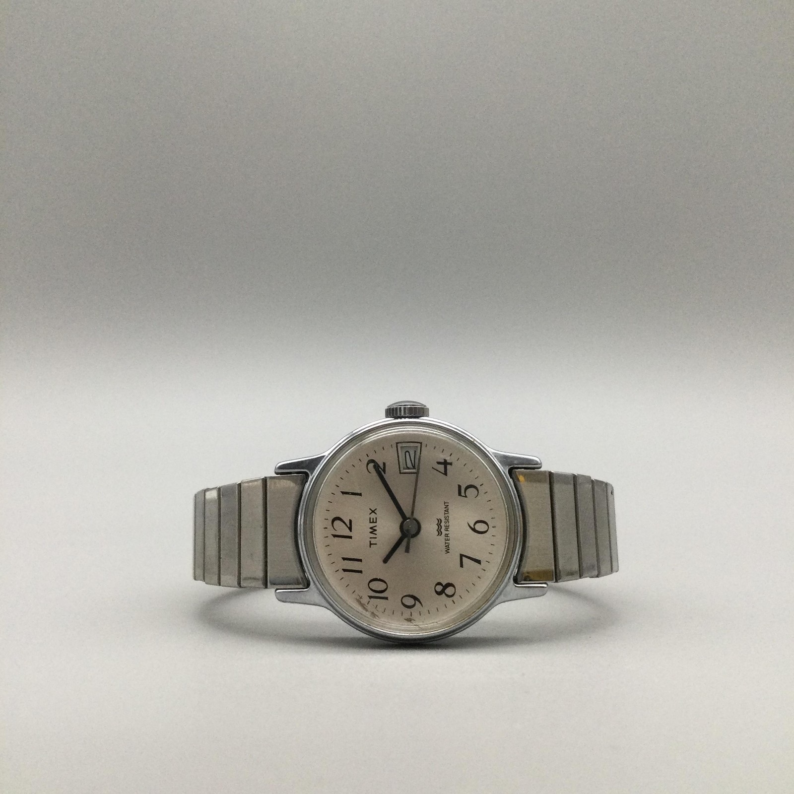 Timex Womens Watch 25mm Date Silver Tone Stretch Band Manual Wind