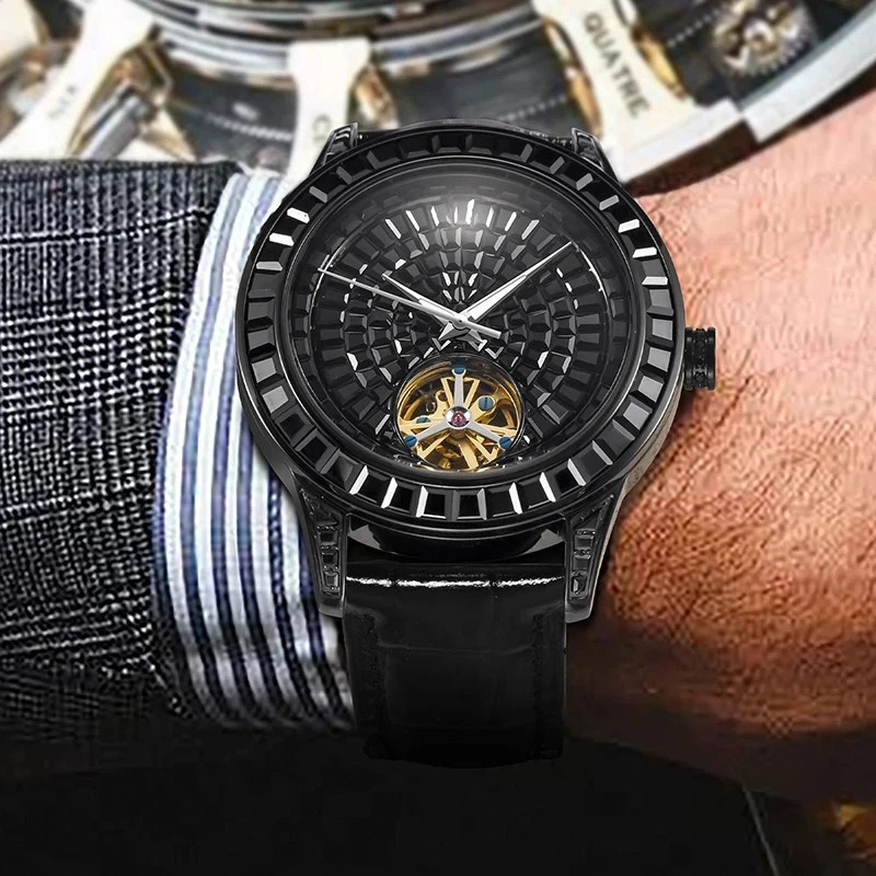 ?USA?PINDU Men’s Automatic Watch Mineral Glass Luminous Black Leather P5037