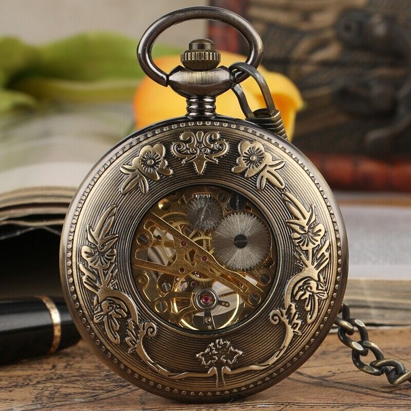 Bronze Men’s Hand-winding Mechanical Pocket Watch Pendant Chain Skeleton Dial