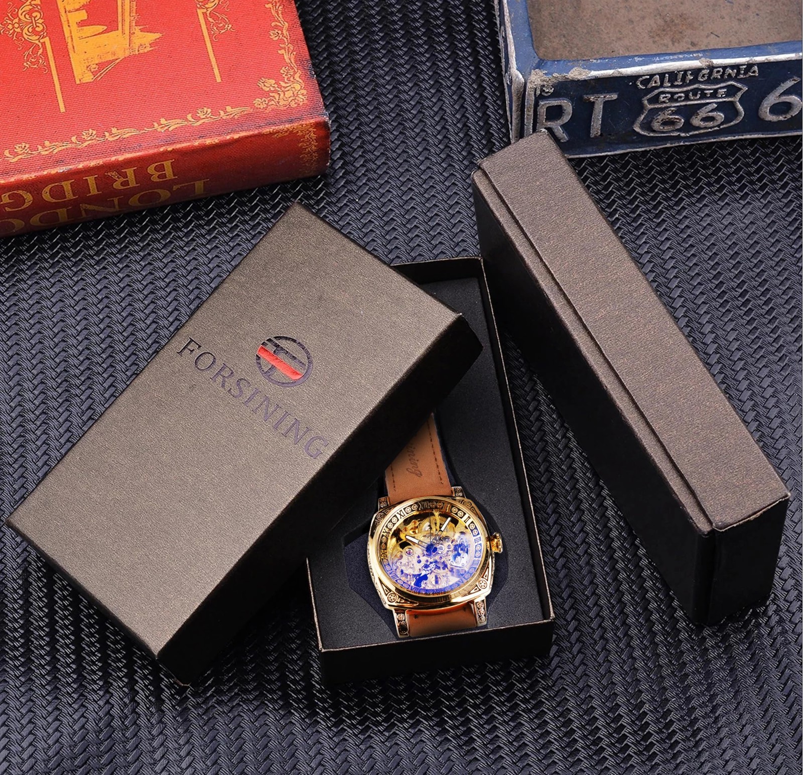 Square Retro Mechanical Watch, Skeleton Automatic, Vintage Leather Strap, Men’s