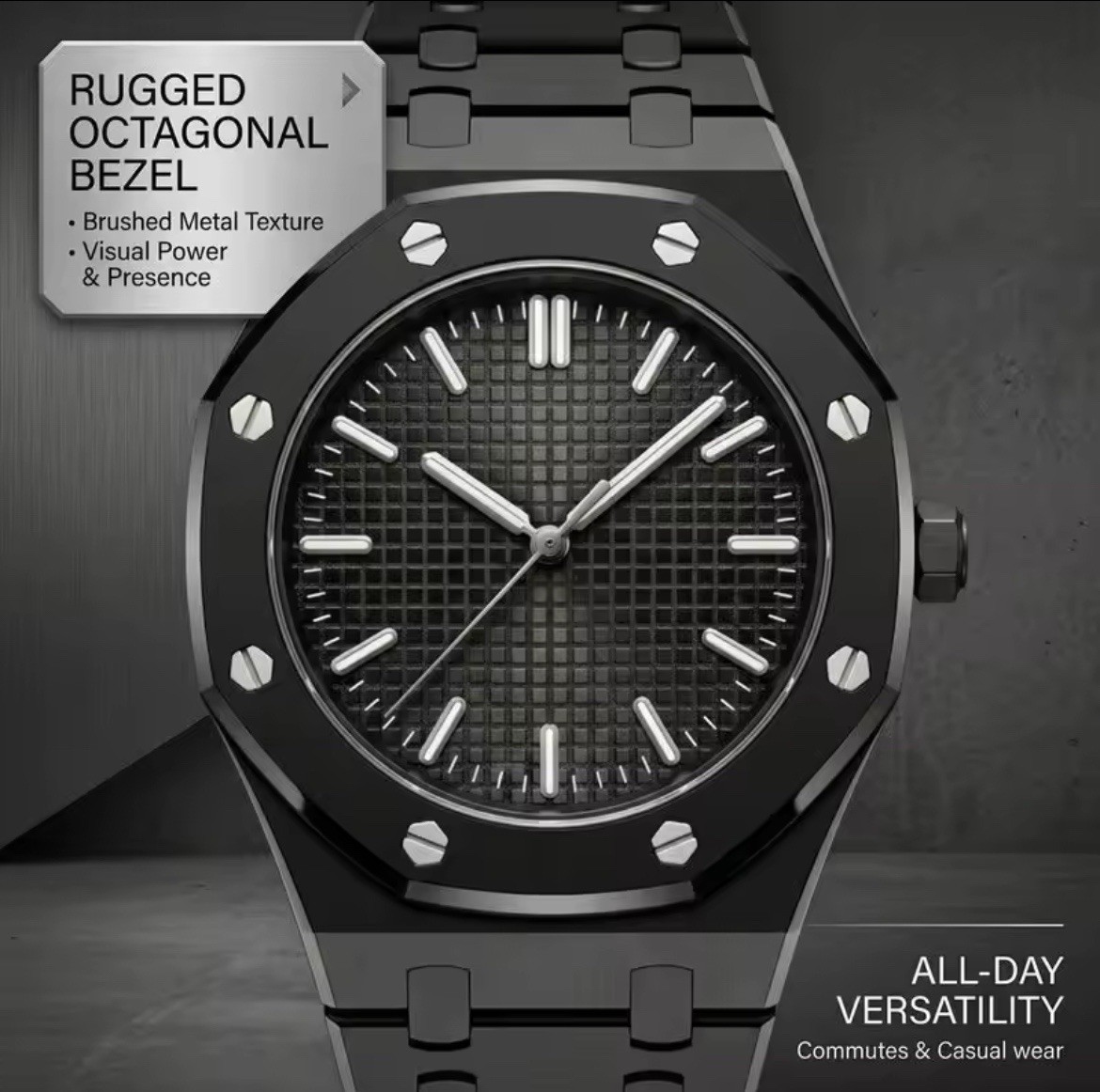 Men’s Analog Wristwatch Black Tapisserie Dial Octagon Bezel Metal Bracelet