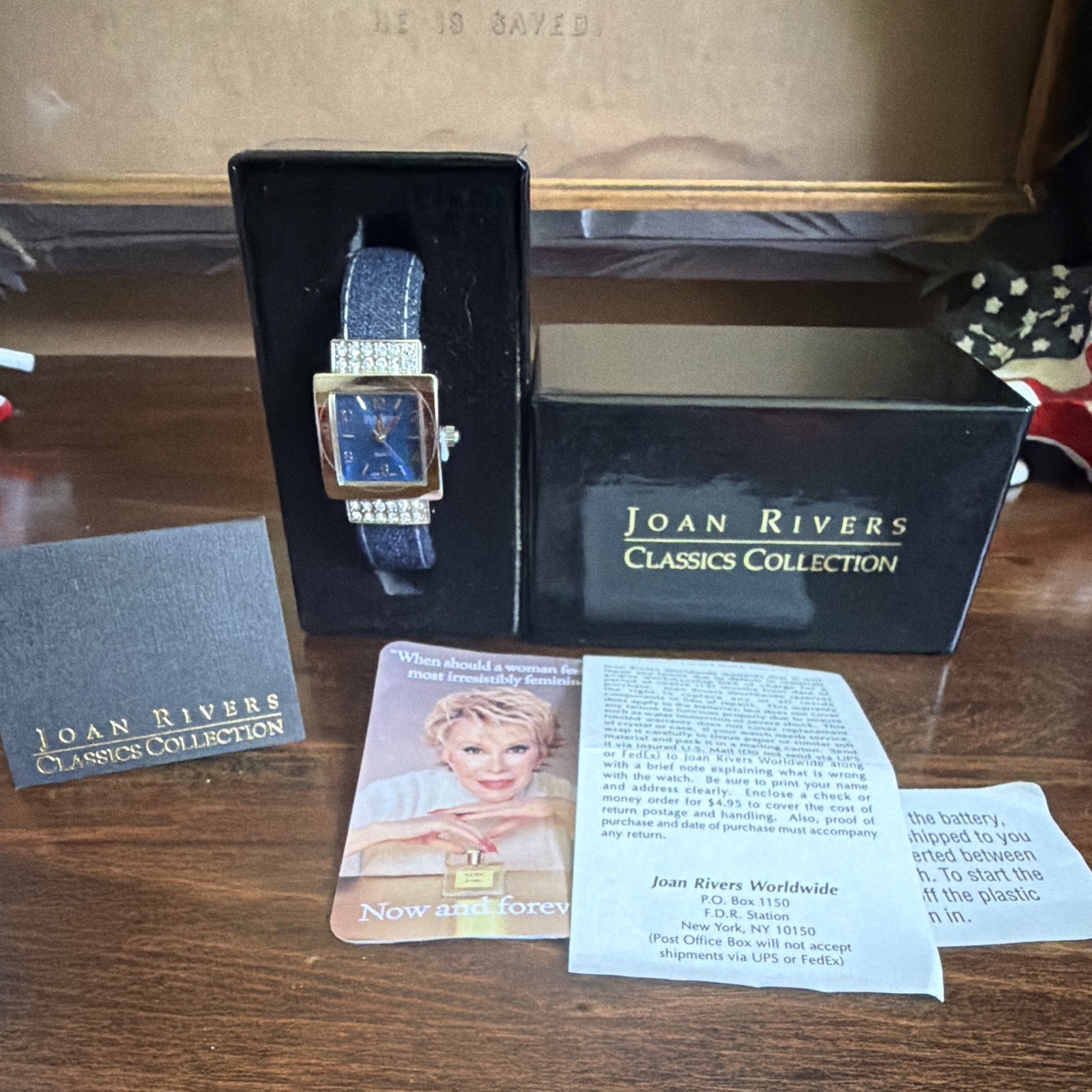 Joan Rivers Classics Women’s Quartz Square Watch Blue Dial Gold Case w/ Box