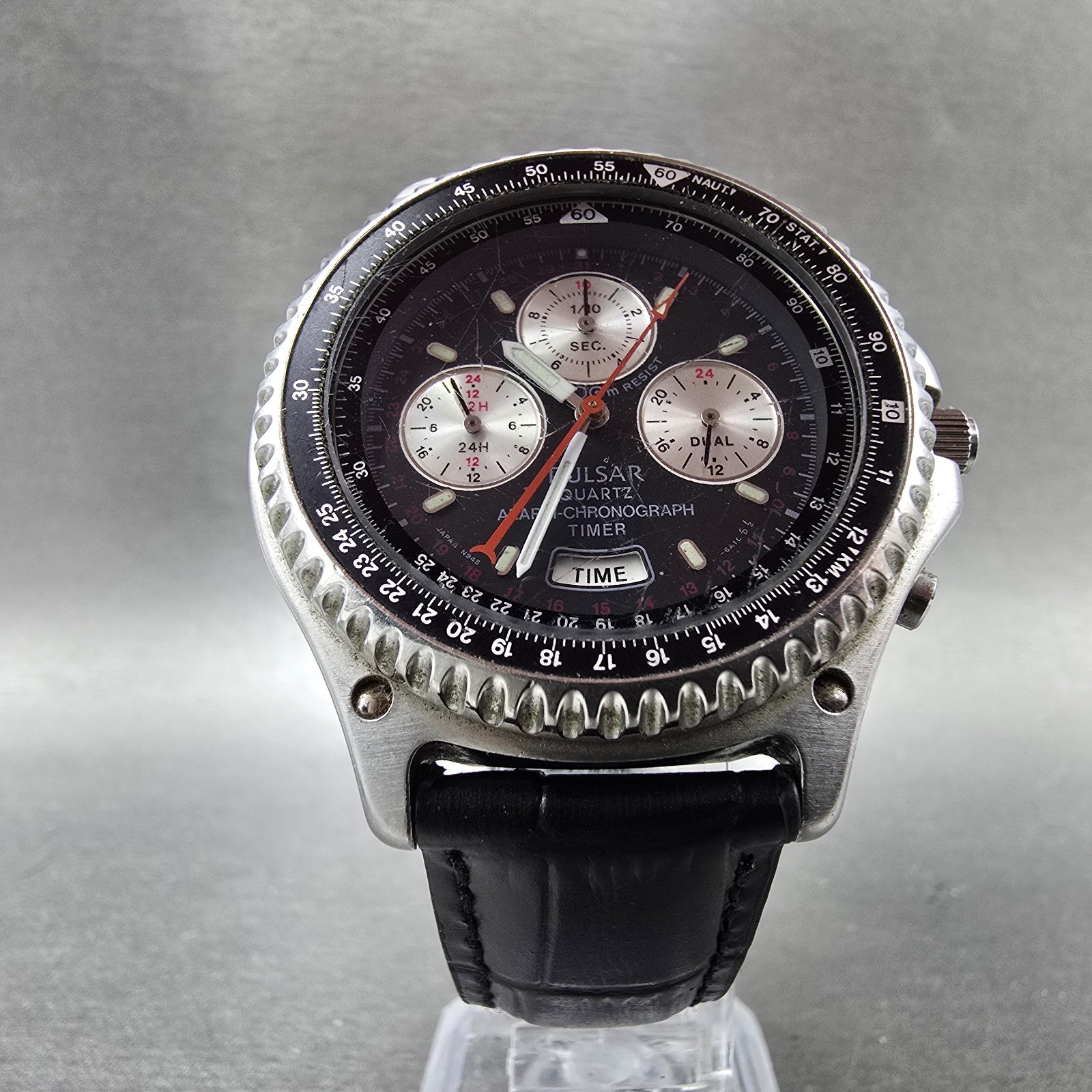 Seiko Pulsar Chronograph Watch Men 41mm Black Dial Silver Alarm Date N945 NewBat