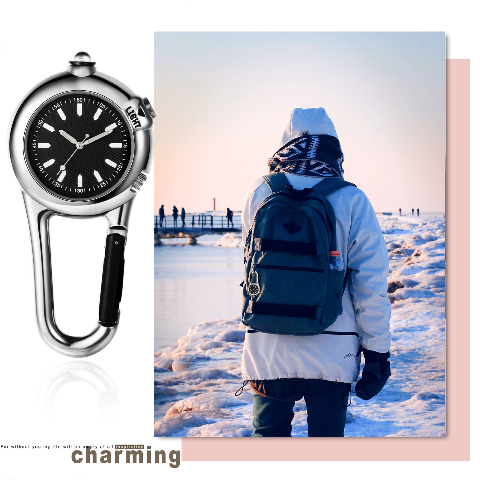 Outdoors Carabiner Luminous Clip-On Backpack Belt Fob Quartz Watch With Light