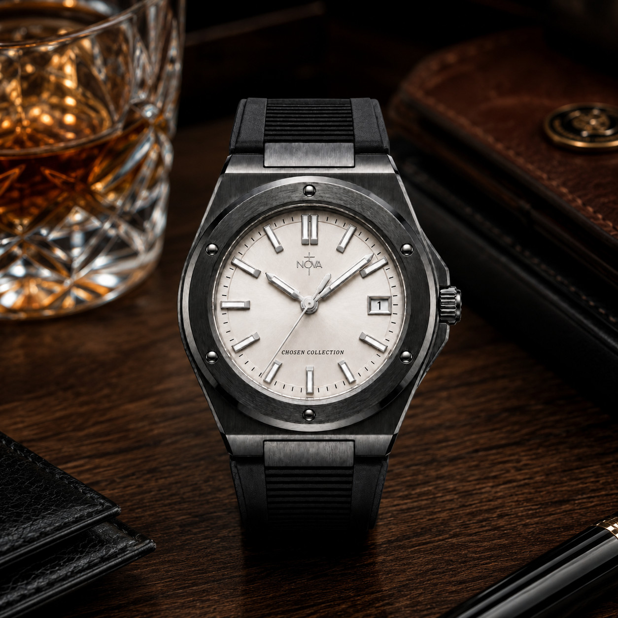 Nova Christian Chosen Custom Watch Ivory Dial Dark Case Black Strap Date