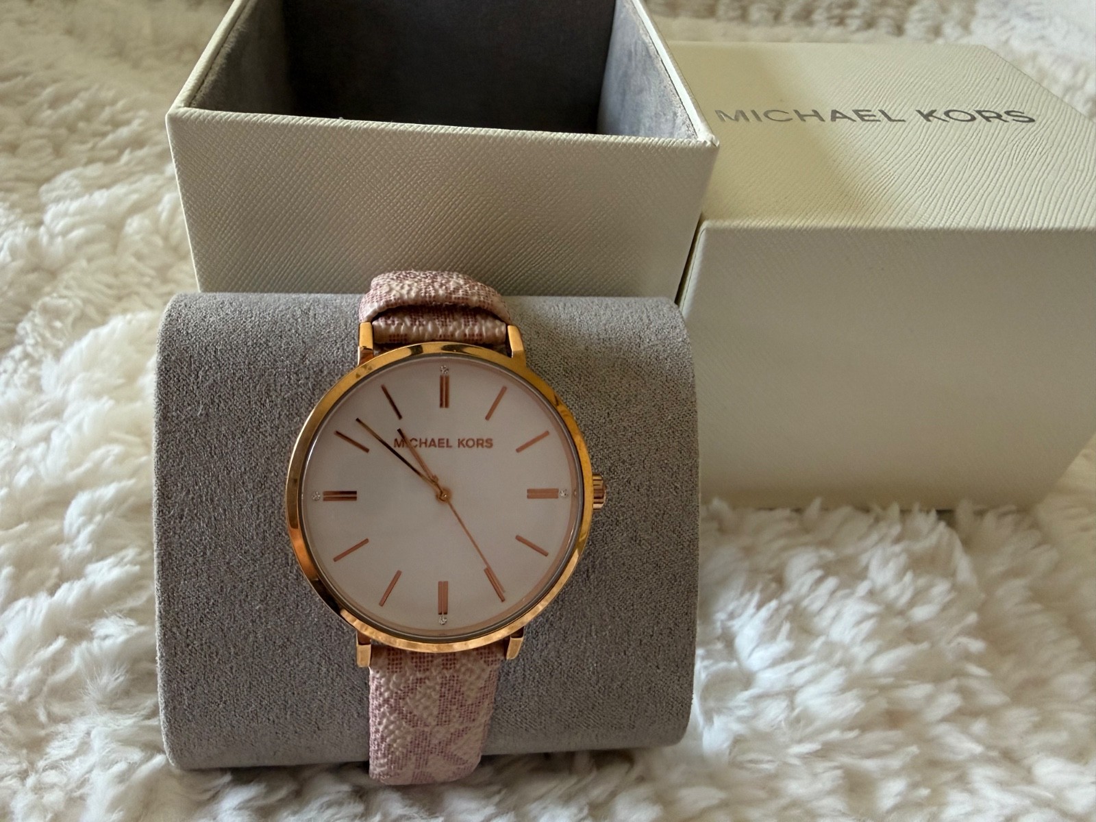 Michael Kors Jayne Three-Hand 38mm Rose Gold Alloy Case with Vanilla PVC…