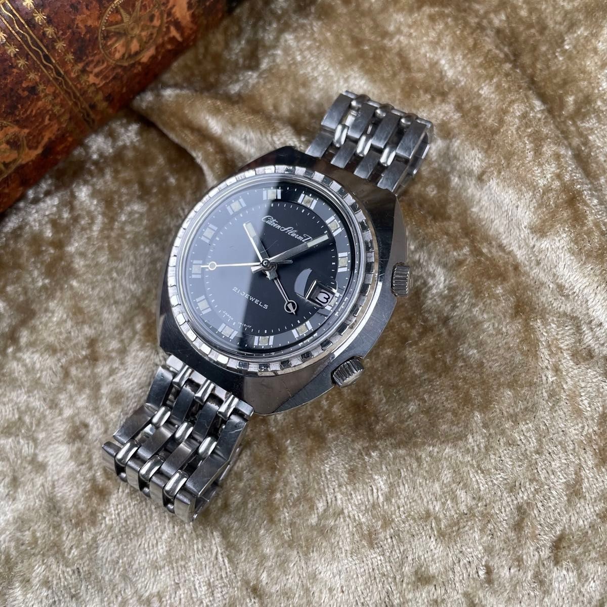 CITIZEN Alarm Date ALD5 2901A-Y Black Gilt Dial 21J Manual Watch Vintage Japan