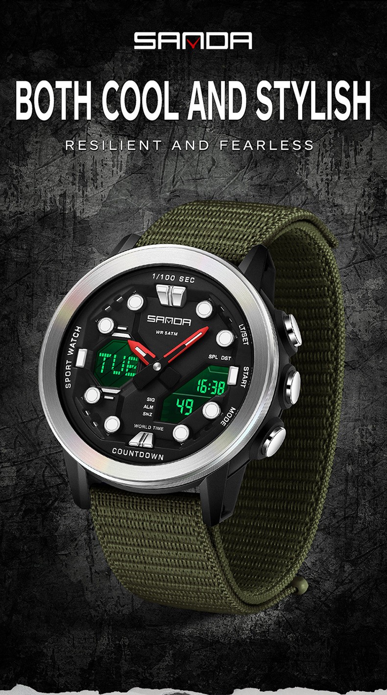 Dual display dial multifunctional sports style high waterproof quartz watch