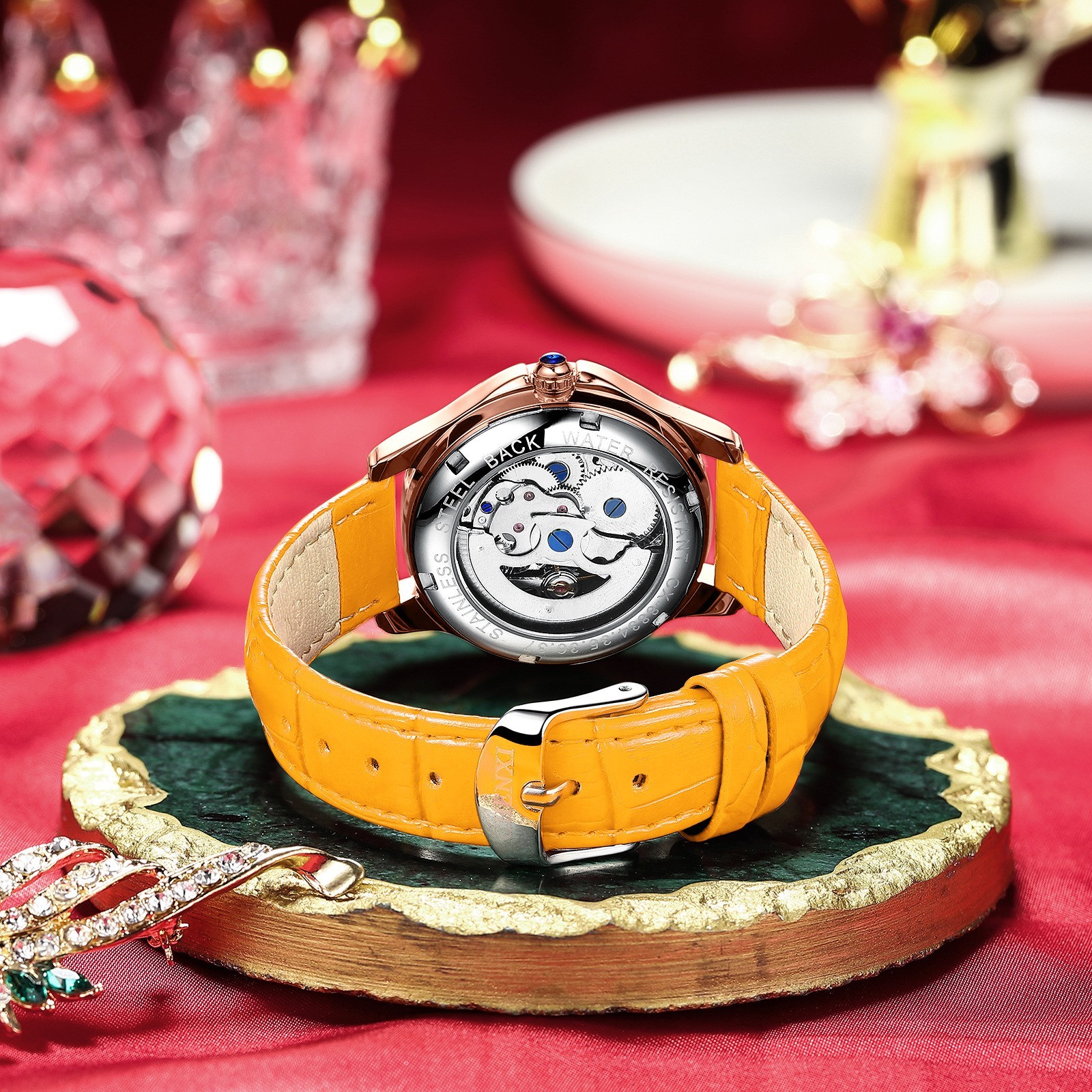 CHENXI Women Leather Hollow Out Luminous Waterproof Automatic Mechanical Watch