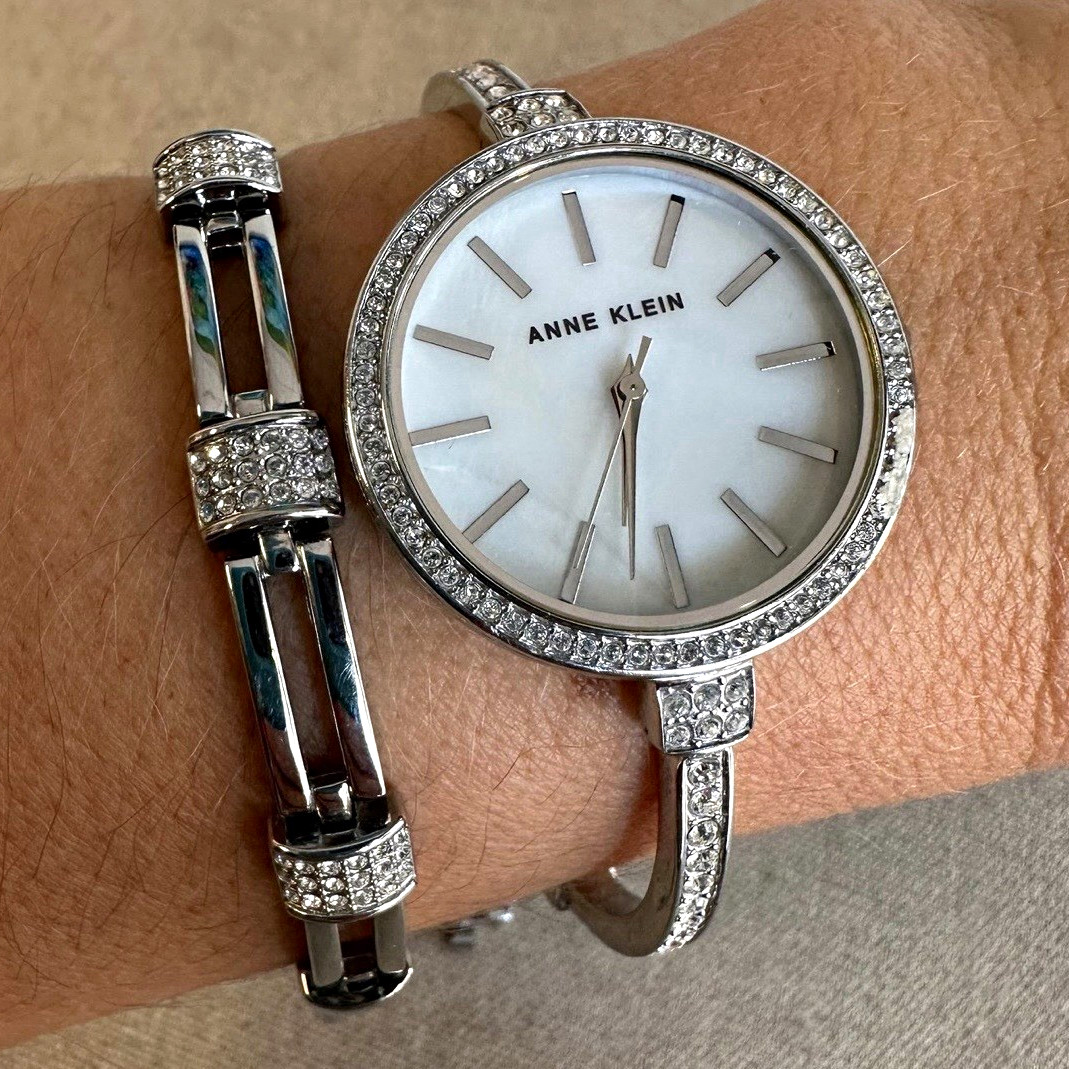 Anne Klein Women’s Quartz Dress Watch Silver Tone Bracelet Gem-Set Bezel