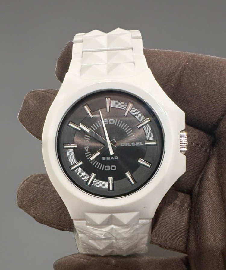 Diesel DZ-1645 Unisex Stud Black Dial White Band Watch (New No Box)