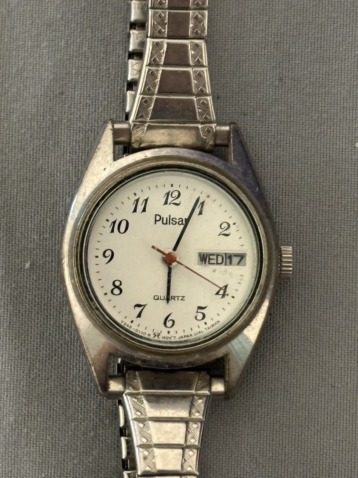 Pulsar Women’s Quartz Day/Date Silver Tone Stainless Bracelet Watch White Dial