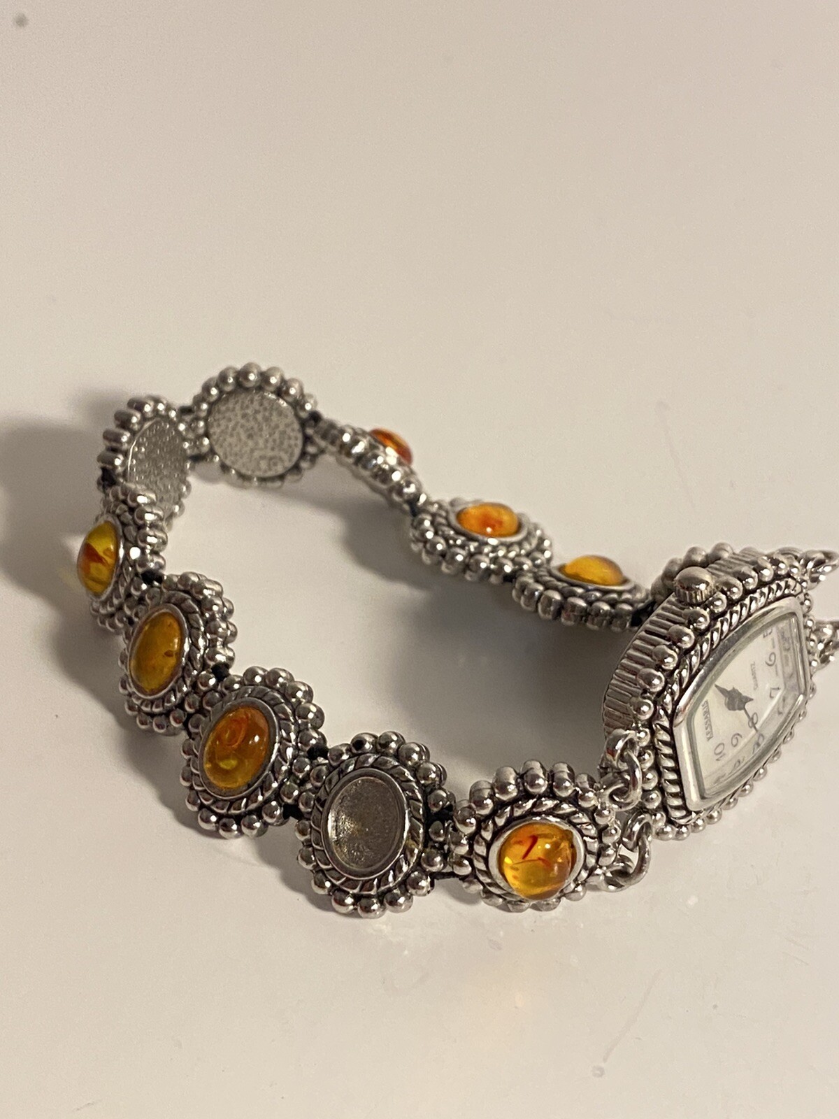 Kessaris White Dial Oval Silver Tone orange stud gem stretch bracelet needs batt