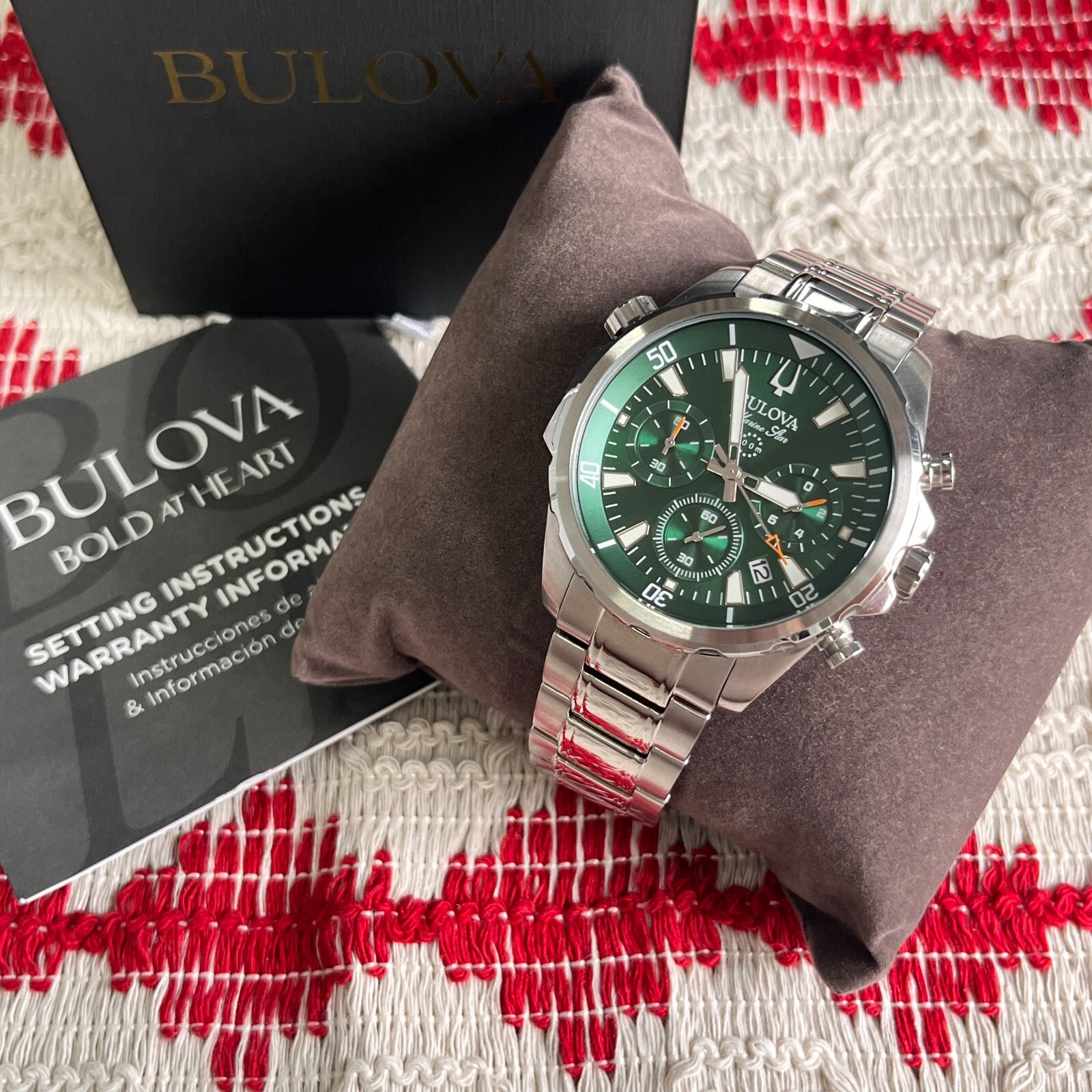 Classic Bulova Marine Star 96B396 Green Dial 43mm Chronograph Quartz Men’s Watch