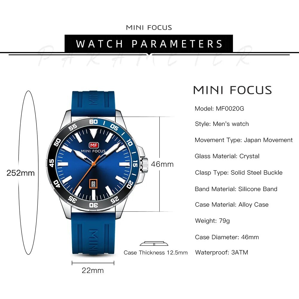 Men’s Watches Complete Calendar Quartz Movement Blue Silicone Strap Wristwatch