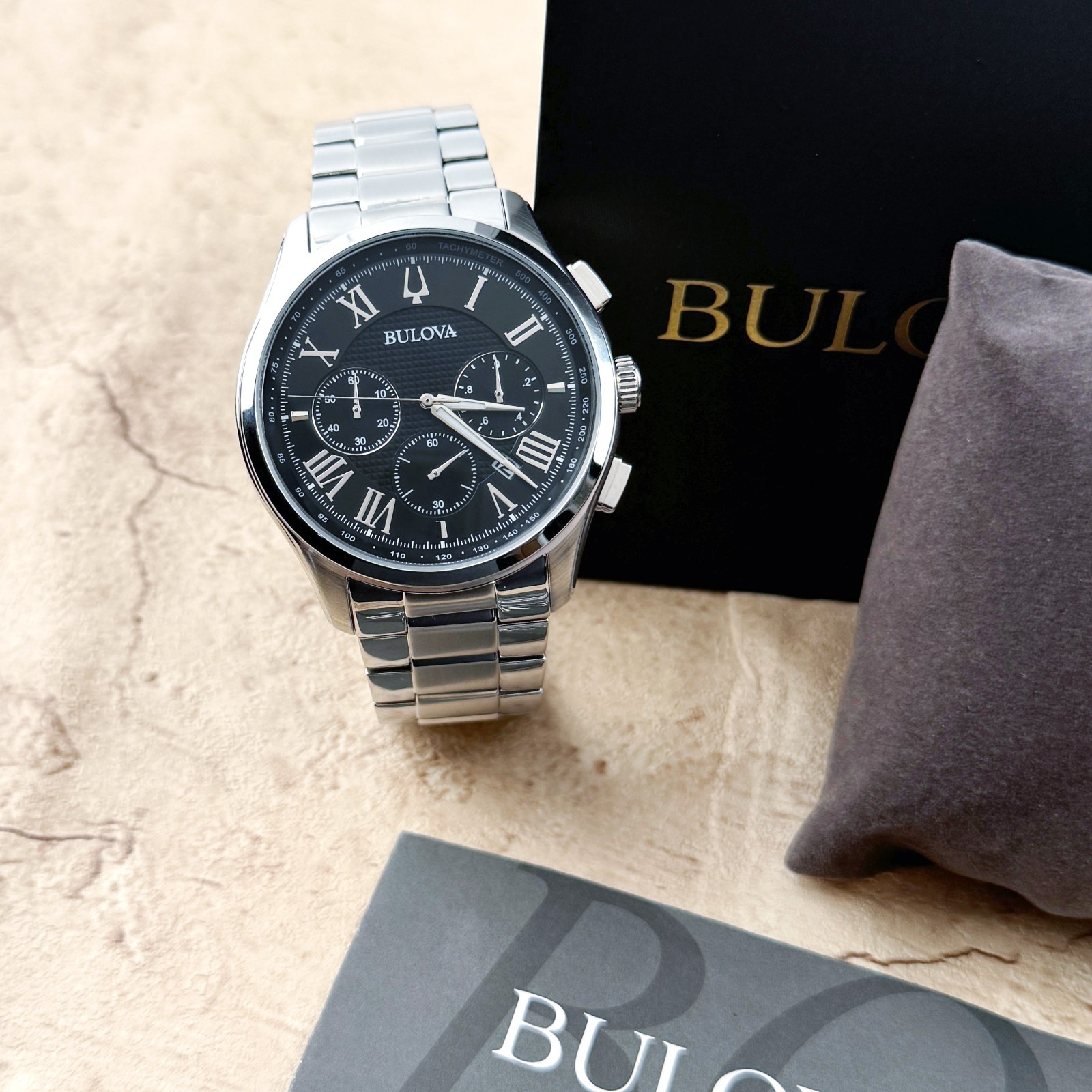 New Bulova Classic Dark BlackTextured Dial Chronograph Men’s Quartz Watch 96B288