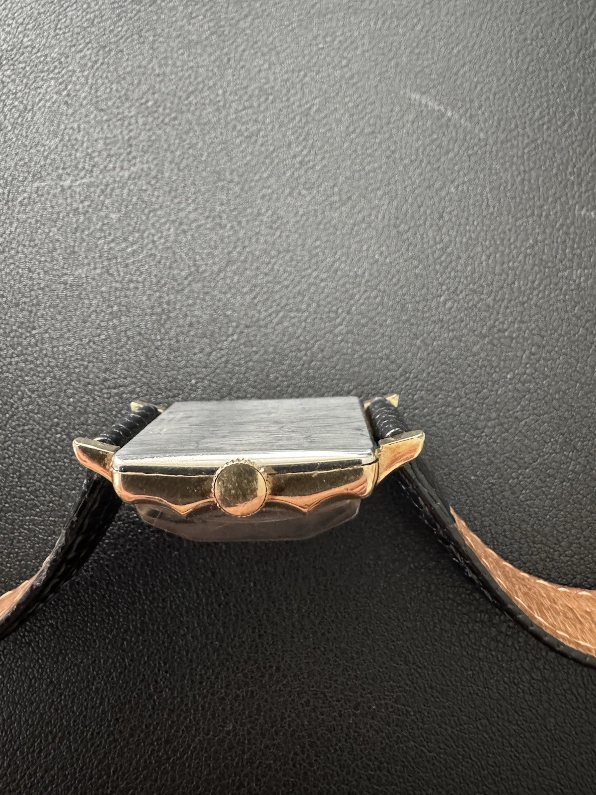 Elgin 1930s Vintage Manual Wind Square Gold Tone Wristwatch Black Leather