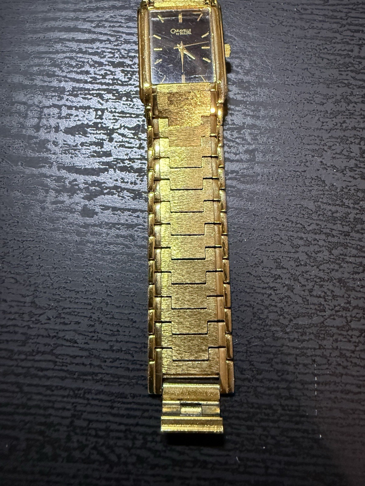 Bulova Caravelle Rectangle Quartz Watch Black Dial Gold Tone Bracelet 22mm