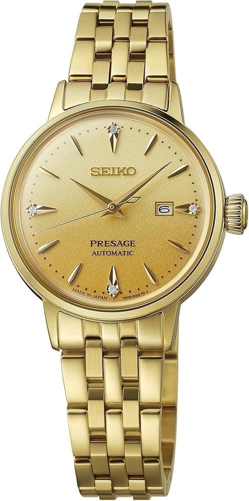Seiko Presage Cocktial “Eggnog” Gold Ripple Textured Dial Diamond Watch SRE018J1