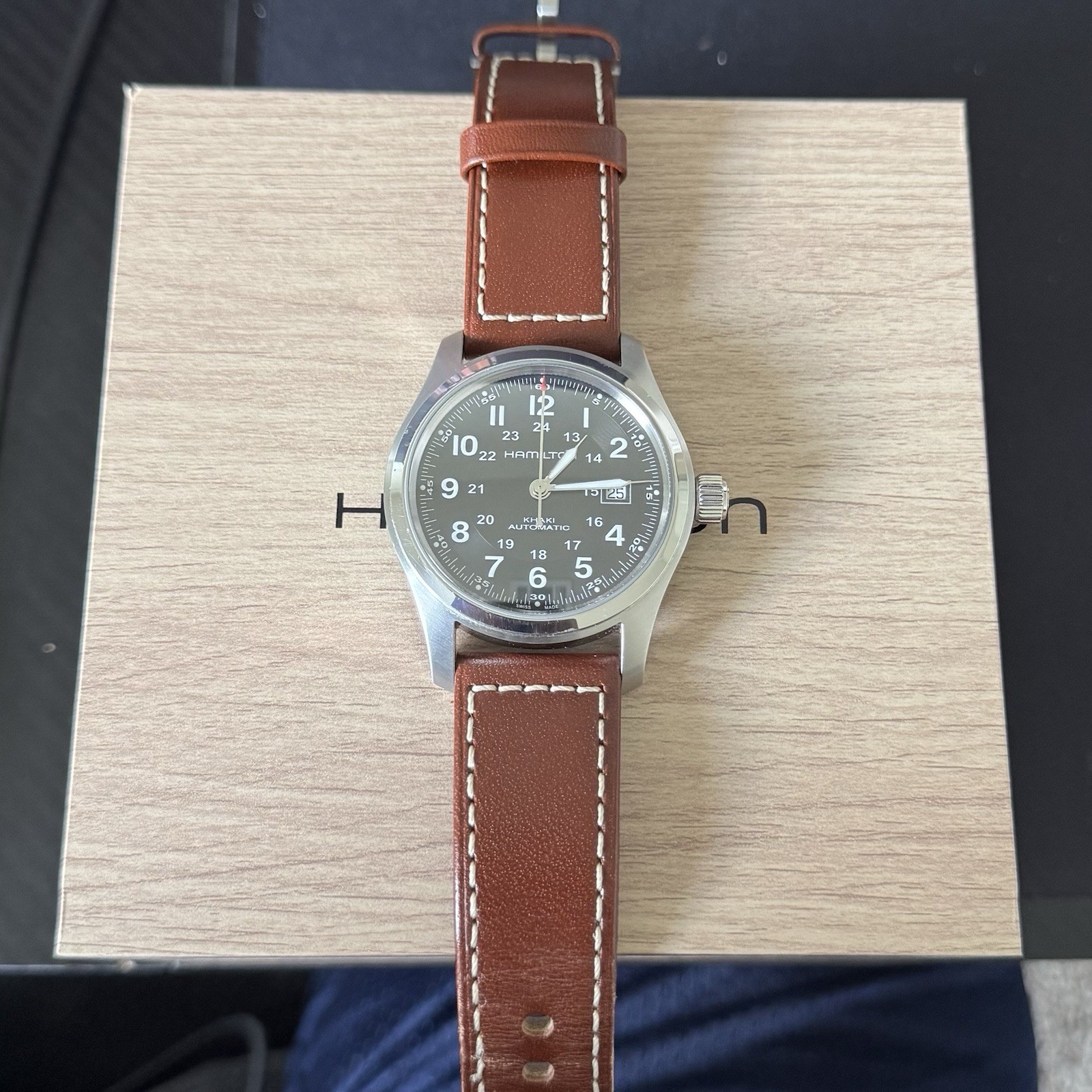 Hamilton Khaki Field Automatic 38mm Black Dial Brown Leather Strap Box Papers