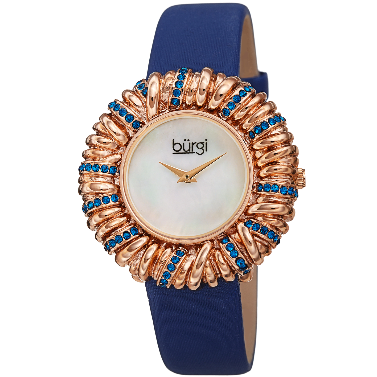 Women’s Burgi BUR255 Crystal Flower Brass Bezel Satin on Leather Strap Watch