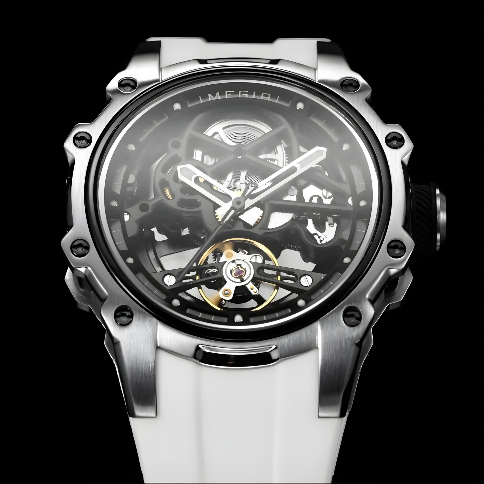 Megir 2243 Automatic Skeleton Watch 43mm Steel Case White Strap – UK Seller