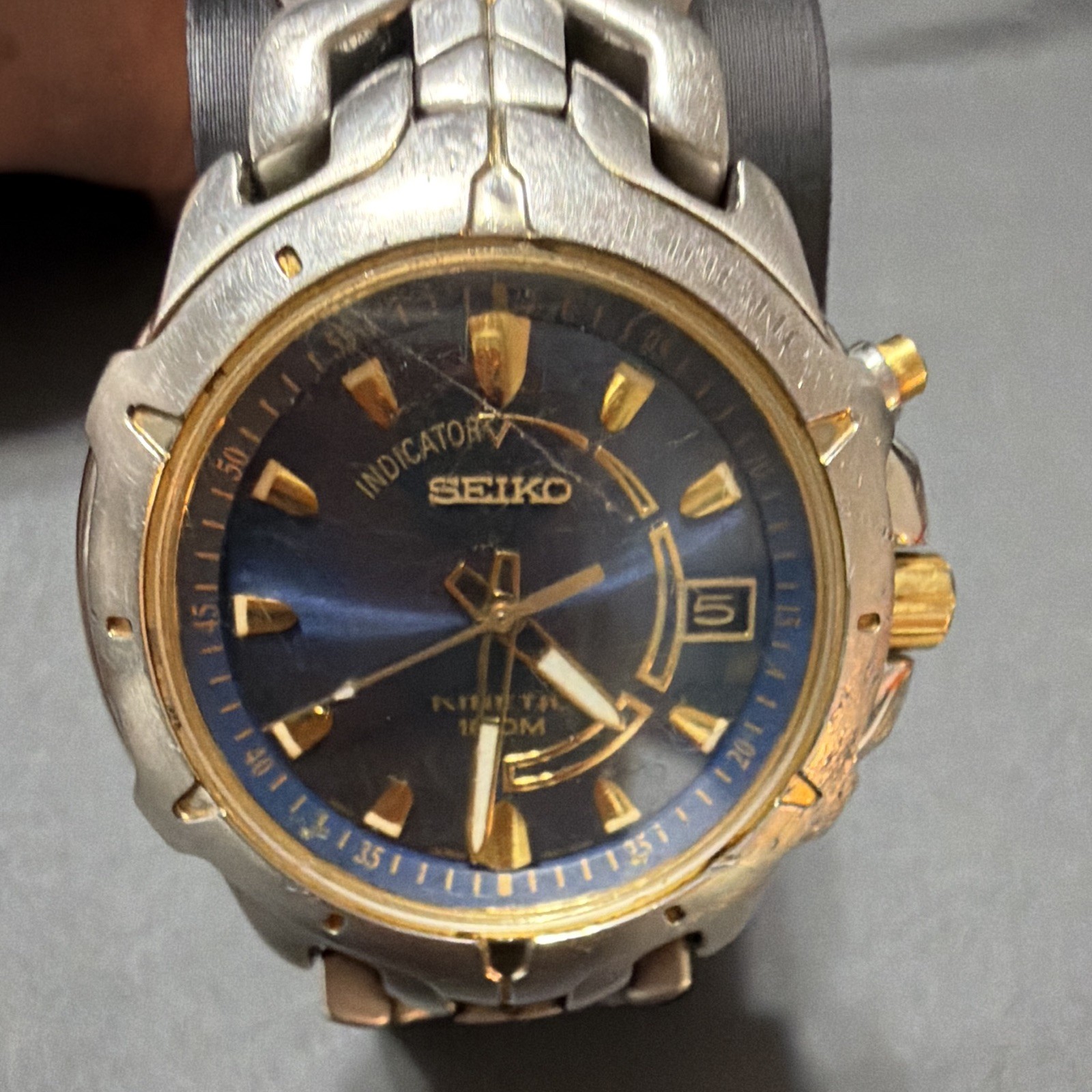 Seiko Kinetic 100M Vintage Blue Sunburst Dial Two-Tone Bracelet Date Watch