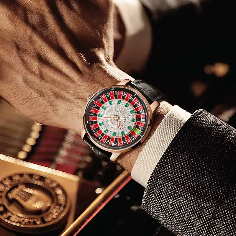 🔥USA PINDU Design NH35A Rotary Roulette Casino Mechanical Watch Leather P6616