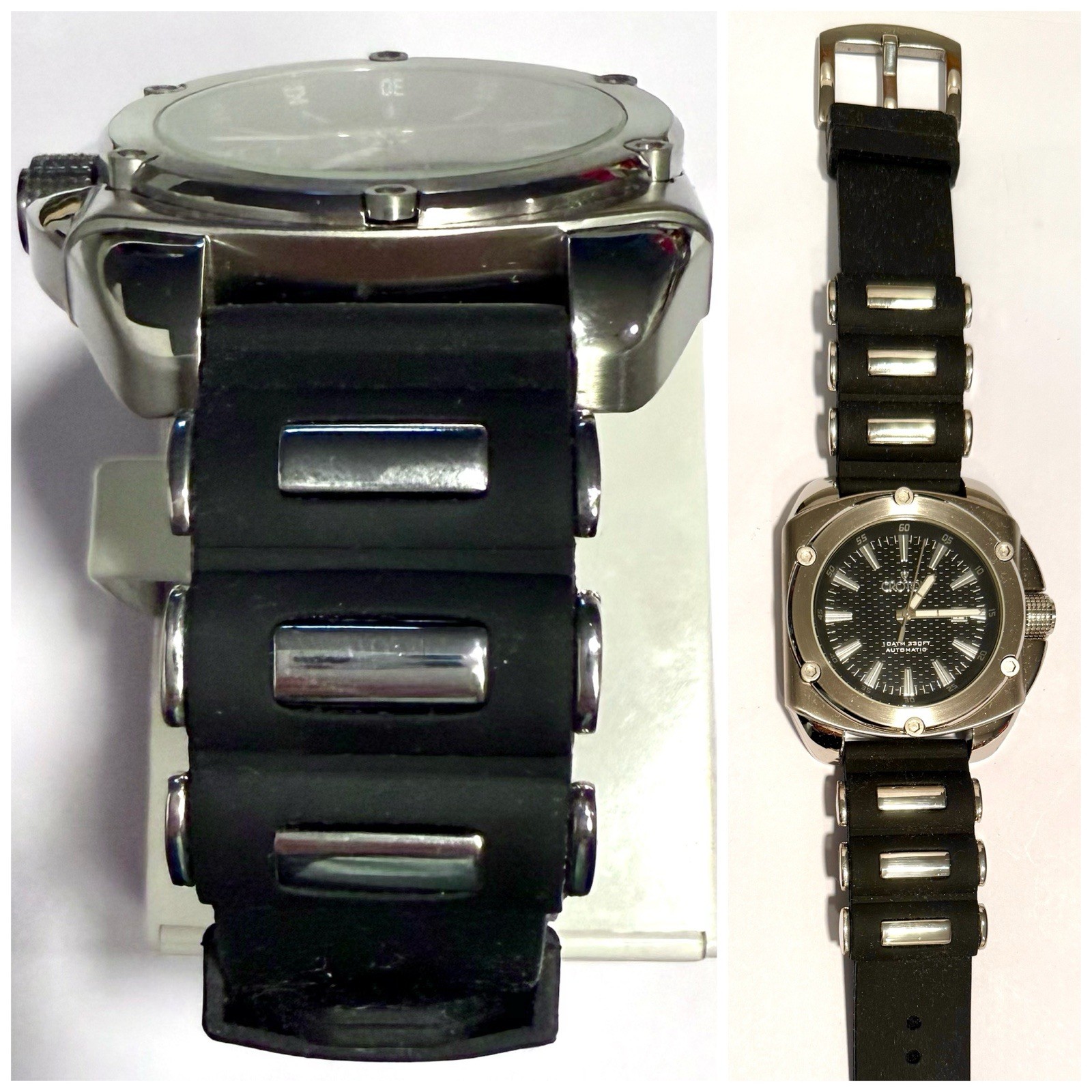 52mm Auto Slvrtn & Black Silicone Strap | Cushion Case | Black Dial CROTON Watch