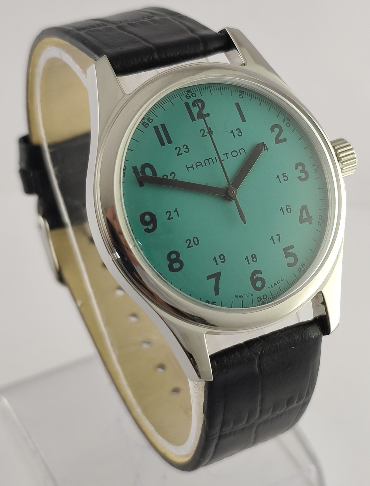 Vintage Refurbished Hamilton Hand-Winding Green Dial 17 J Men Watch Leather Band