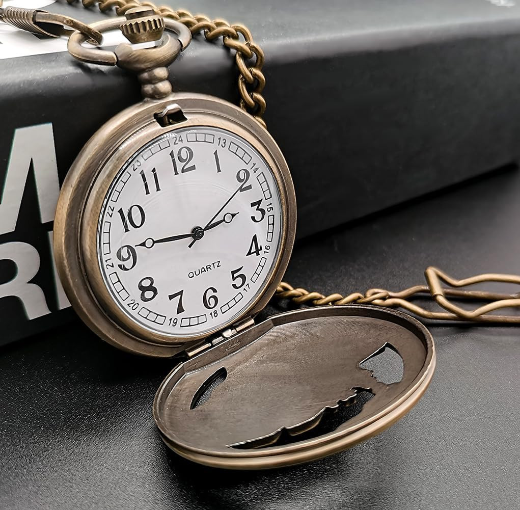 Vintage Bronze Steam Train Mens Quartz Gift Pocket Watch with Chain
