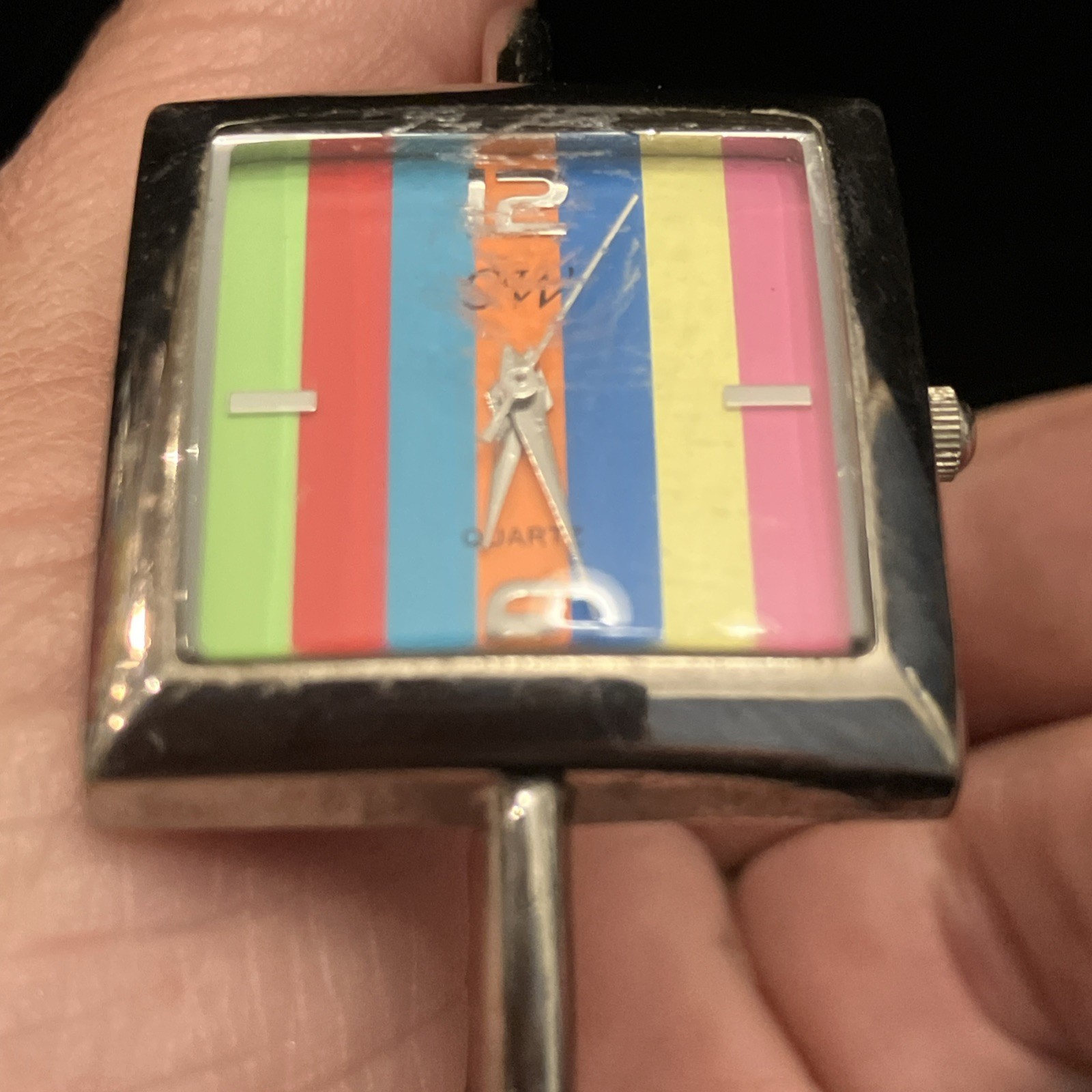 CW Red Green Blue Yellow Square Face Striped Rainbow Watch Stainless Steel Works