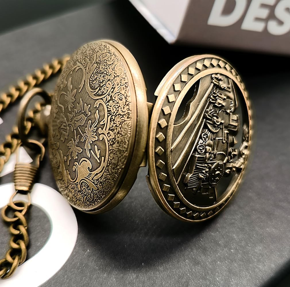 Vintage Bronze Steam Train Mens Quartz Gift Pocket Watch with Chain