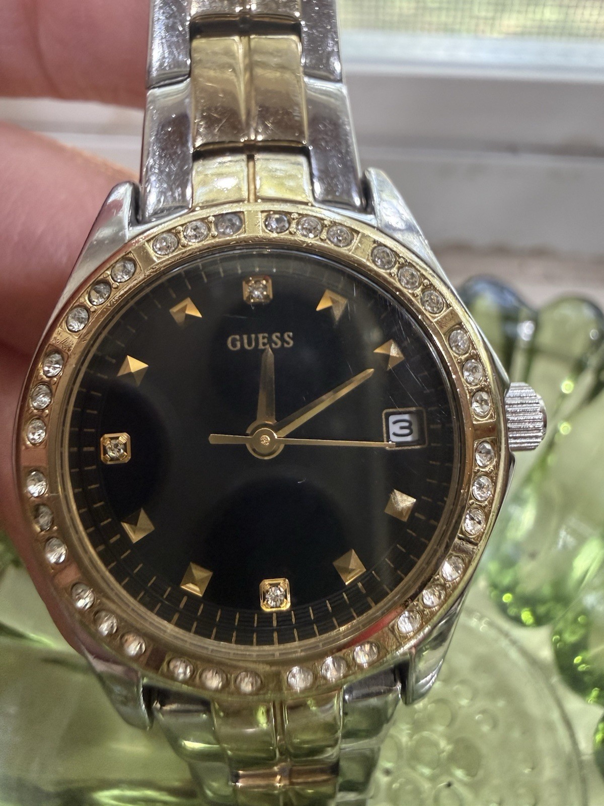 GUESS Women’s Two-Tone Bracelet Watch Quartz Black Dial Date Gem-Set Bezel