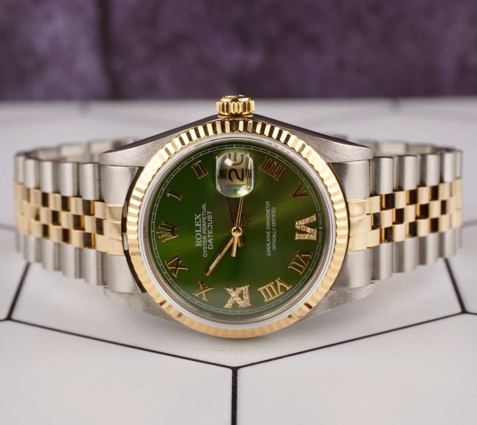 Rolex Datejust 36mm Yellow Gold Fluted Green Roman Diamond Dial Jubilee Watch