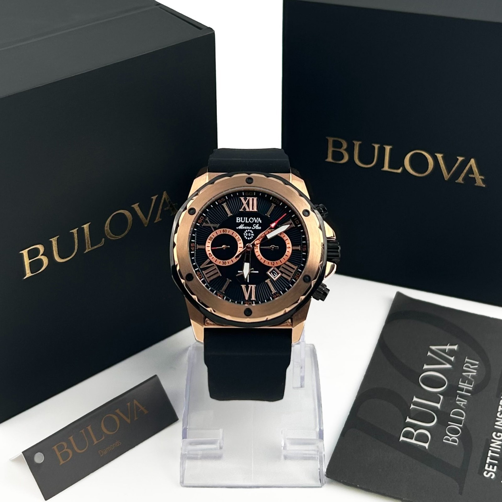 Bulova 98B104 Marine Star Men’s Black Dial Black Rubber Strap 43mm Quartz Watch