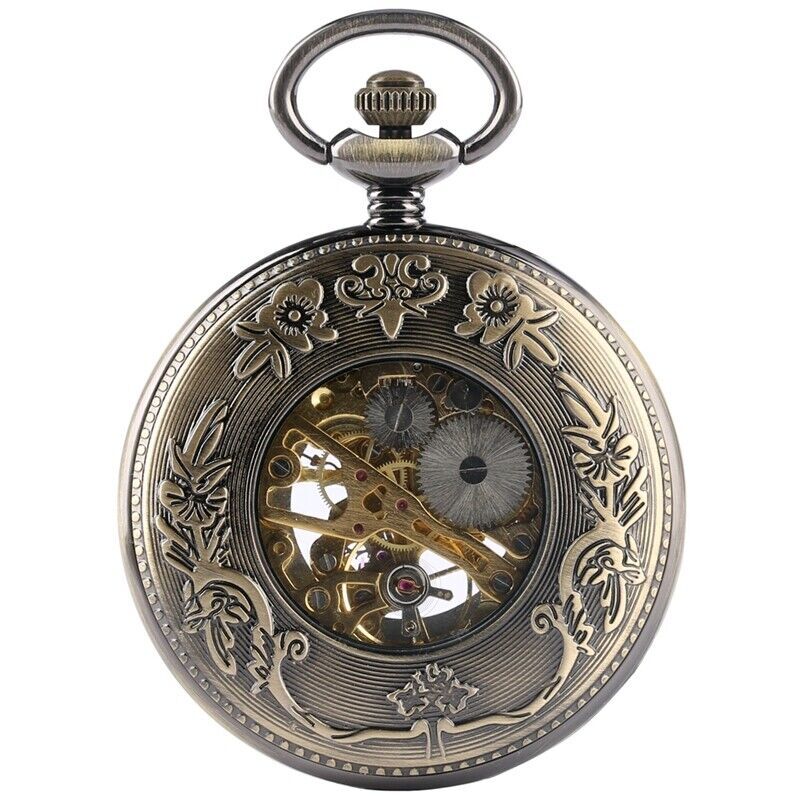 Bronze Men’s Hand-winding Mechanical Pocket Watch Pendant Chain Skeleton Dial